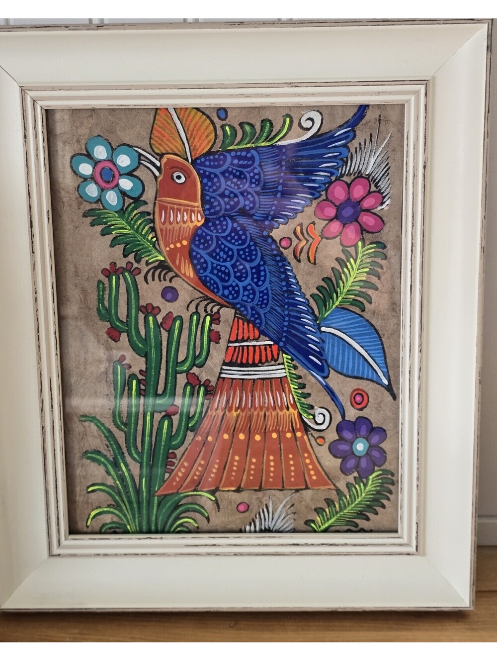 "Pájaro y Cactus" (Bird and Cactus) — Mexican Amate Bark Painting
